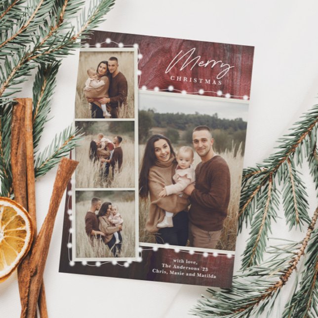 Rustic Christmas Lights 4 Photo Collage Holiday Card (Creator Uploaded)