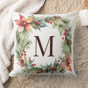 Rustic Christmas Monogram Holly Poinsettia Wreath Cushion