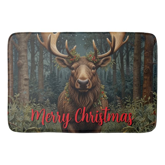 Rustic Christmas moose deer boho woodland forest  Bath Mat (Front)