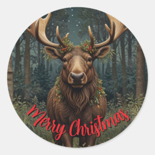 Rustic Christmas moose deer boho woodland forest Classic Round Sticker