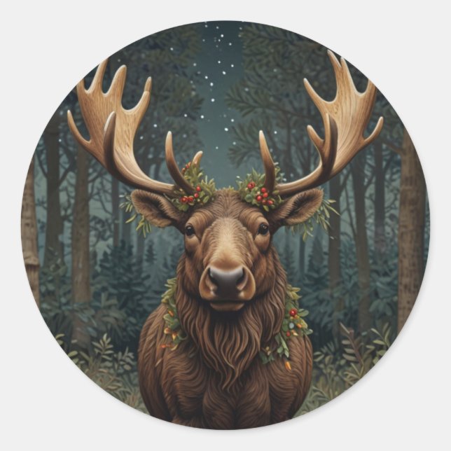 Rustic Christmas moose deer boho woodland forest  Classic Round Sticker (Front)