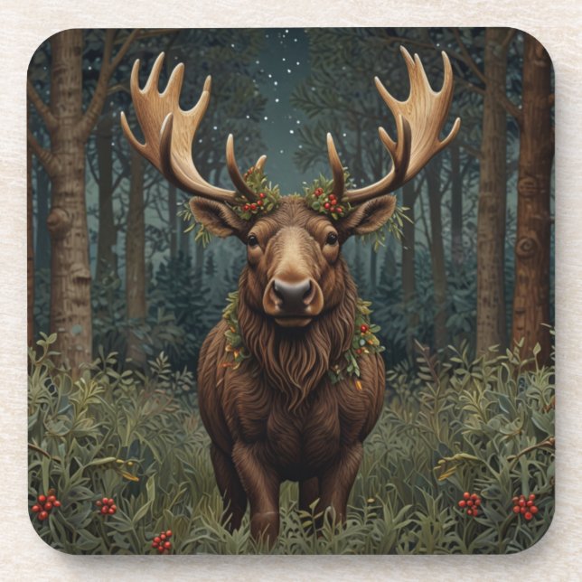 Rustic Christmas moose deer boho woodland forest  Coaster (Front)