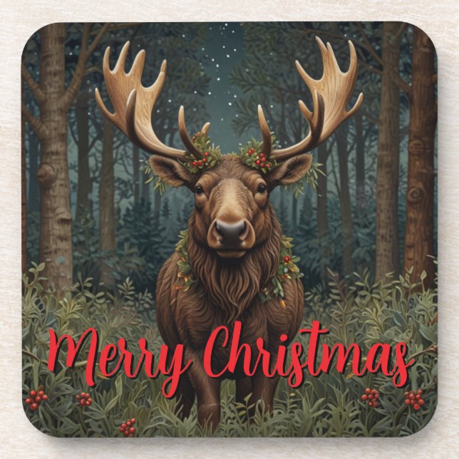 Rustic Christmas moose deer boho woodland forest  Coaster (Front)
