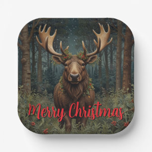 Rustic Christmas moose deer boho woodland forest Paper Plate