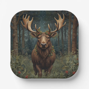 Rustic Christmas moose deer boho woodland forest Paper Plate
