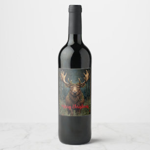 Rustic Christmas moose deer boho woodland forest  Wine Label