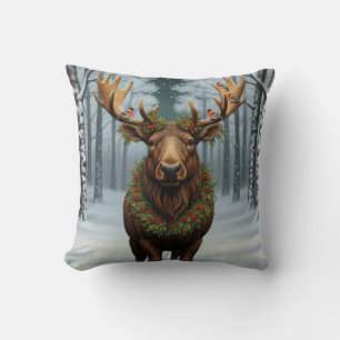 Rustic Christmas moose winter woodland forest  Cushion