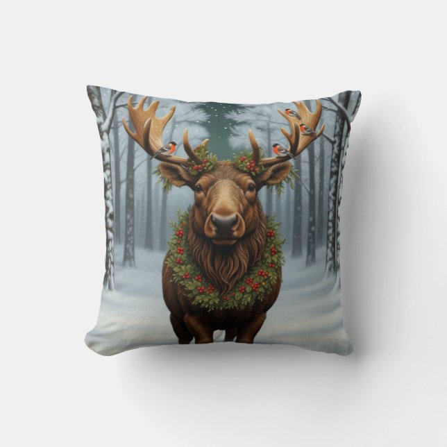 Rustic Christmas moose winter woodland forest  Cushion (Front)
