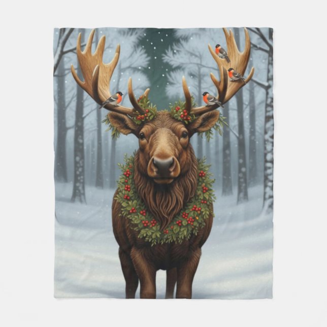 Rustic Christmas moose winter woodland forest  Fleece Blanket (Front)