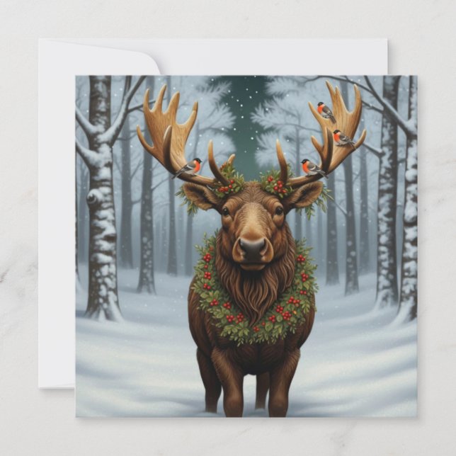 Rustic Christmas moose winter woodland forest  Holiday Card (Front)