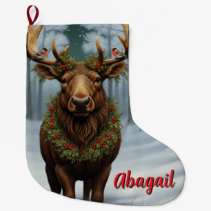 Rustic Christmas moose winter woodland forest  Large Christmas Stocking