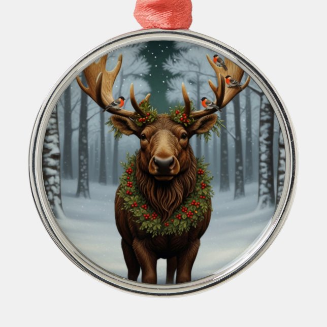Rustic Christmas moose winter woodland forest  Metal Tree Decoration (Front)