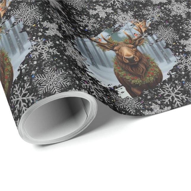Rustic Christmas moose winter woodland forest snow Wrapping Paper (Roll Corner)