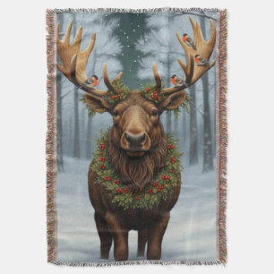 Rustic Christmas moose winter woodland forest  Throw Blanket