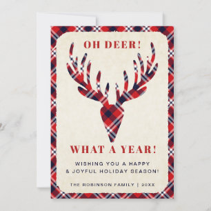 Rustic Christmas Oh Deer What a Year Tartan Plaid Holiday Card