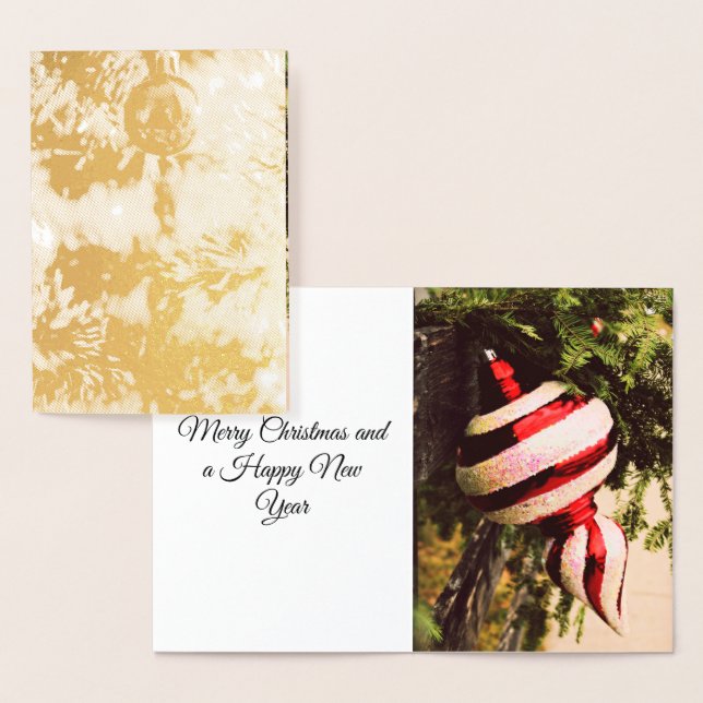 Rustic Christmas Ornament and Greenery on Fence Foil Card (Display)