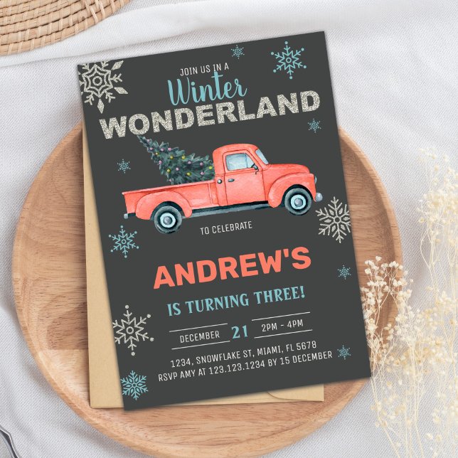 Rustic Christmas Party Invite  (Red Truck Winter Wonderland Invitations)