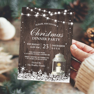 Rustic Christmas Party String Lights White Lantern Invitation