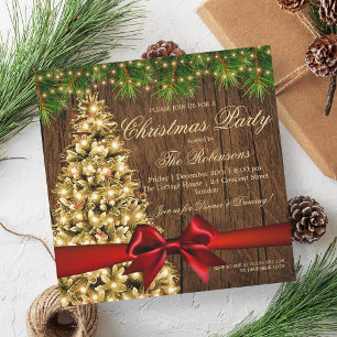 Rustic Christmas Party   Xmas Tree & Red Ribbon Invitation