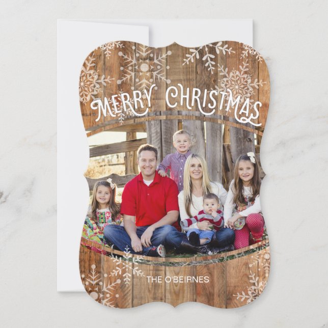 Rustic Christmas Photo Card, Snowflakes on Wood Holiday Card (Front)