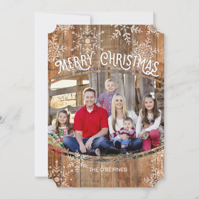 Rustic Christmas Photo Card, Snowflakes on Wood Holiday Card (Front)