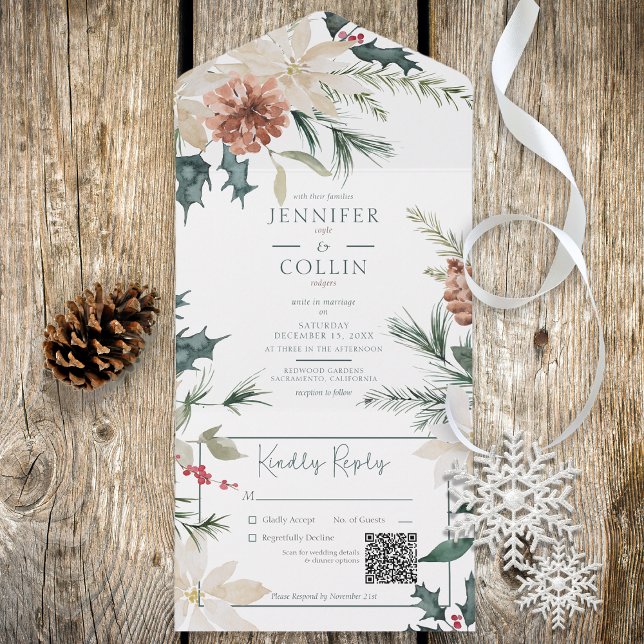 Rustic Christmas Pine & Berries White QR Code All In One Invitation (Creator Uploaded)