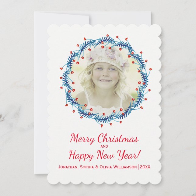 Rustic Christmas Pine & Berry Wreath Holiday Photo (Front)