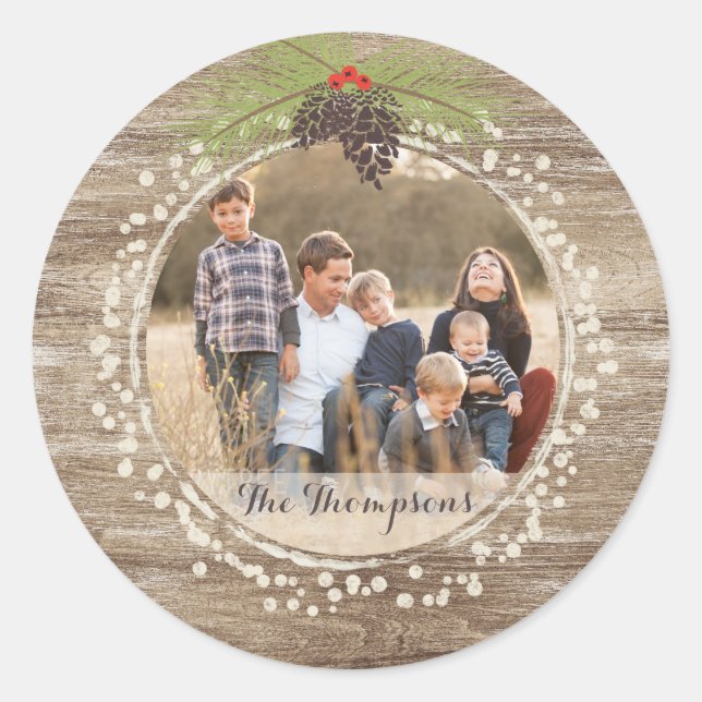 Rustic Christmas Pine Branch & Berries Wood Photo Classic Round Sticker (Front)