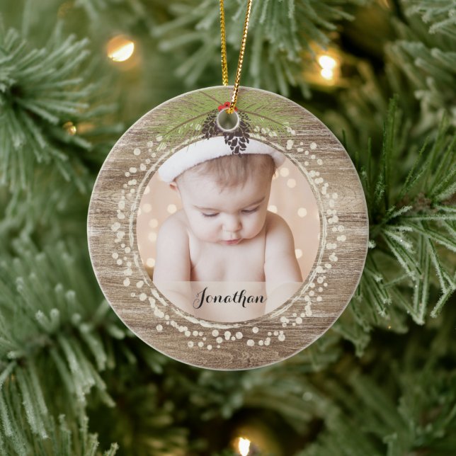 Rustic Christmas Pine Branch & Berries Woodgrain Ceramic Tree Decoration (Tree)