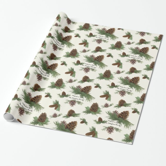 Rustic Christmas Pine Cone Botanical Script Name  Wrapping Paper (Unrolled)