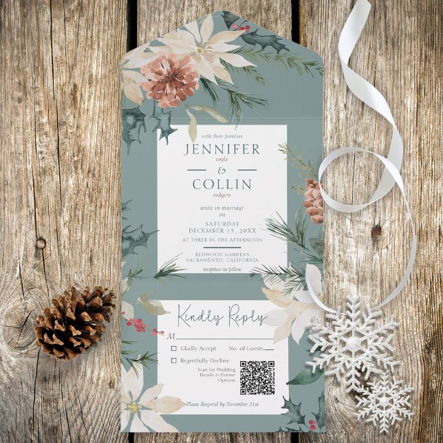 Rustic Christmas Pine Sage Green QR Code All In One Invitation (Creator Uploaded)