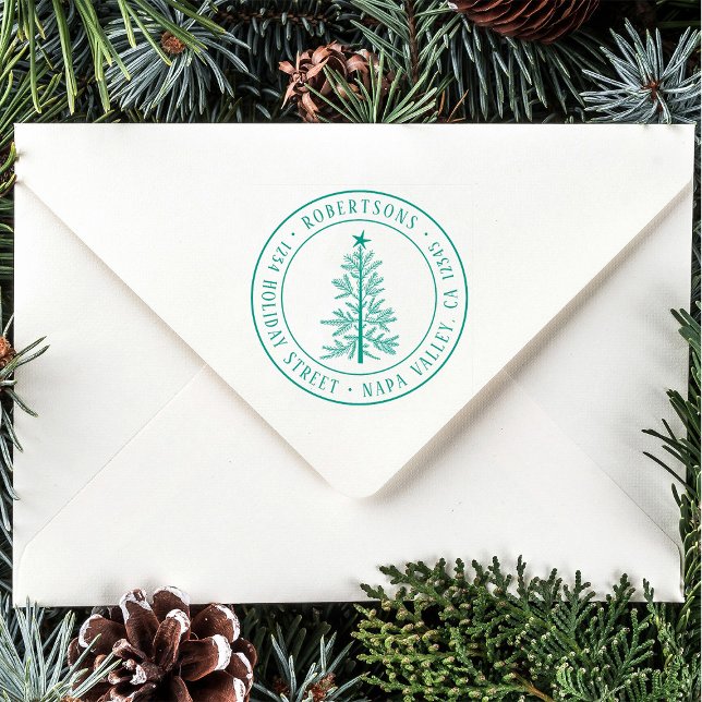 Rustic Christmas Pine Tree Return Address Round Rubber Stamp (Creator Uploaded)