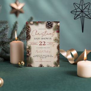 Rustic Christmas Pinecone Berries Wood Baby Shower Invitation
