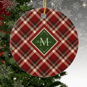 Rustic Christmas Plaid Green Monogram Name Holiday Ceramic Tree Decoration