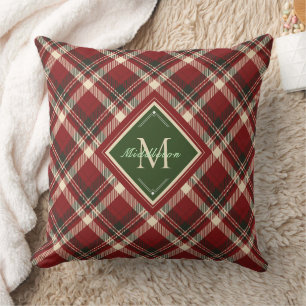 Rustic Christmas Plaid Green Monogram Name Holiday Cushion
