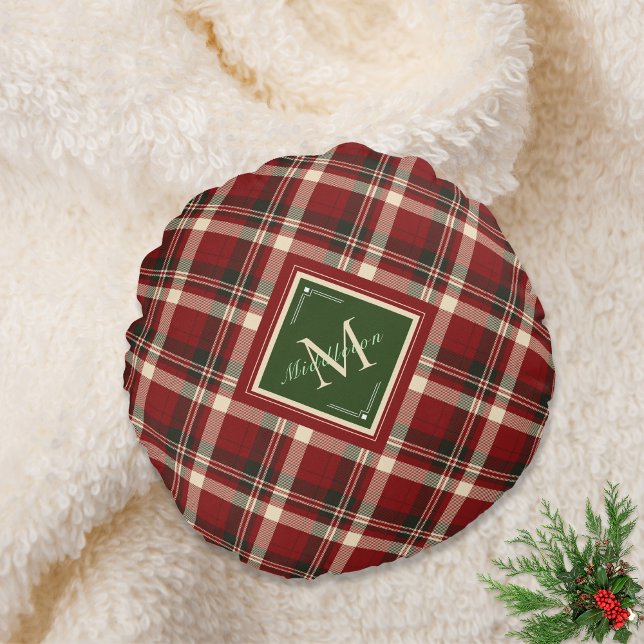 Rustic Christmas Plaid Green Monogram Name Holiday Round Cushion (Creator Uploaded)