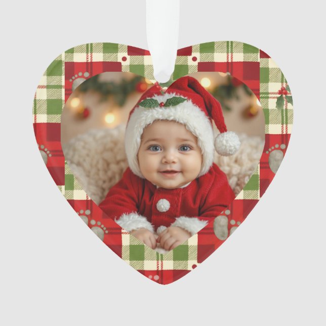 Rustic Christmas Plaid Heart Ornament – Baby’s (Front)