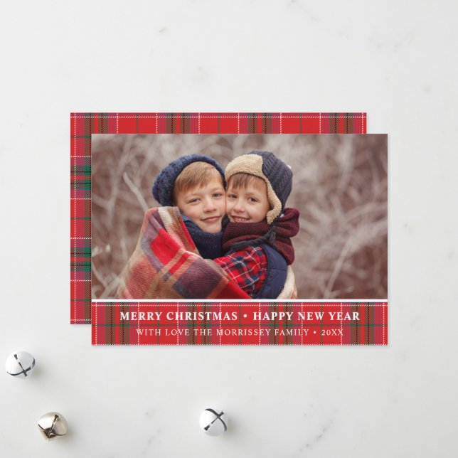 Rustic Christmas Plaid Red Green Photo Holiday Card (Front/Back In Situ)
