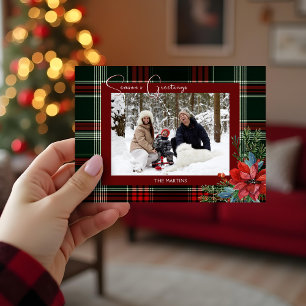 Rustic Christmas Plaid w/Poinsettia & Pine Photo Holiday Card