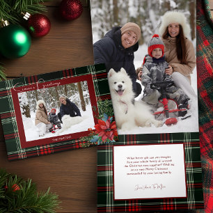 Rustic Christmas Plaid w/Poinsettia & Pine Photo Tri-Fold Holiday Card