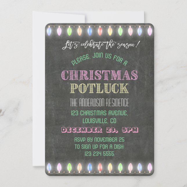 Rustic Christmas Potluck Chalkboard String Lights Invitation (Front)