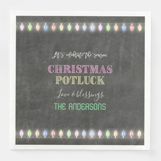 Rustic Christmas Potluck Chalkboard String Lights Napkin (Front)