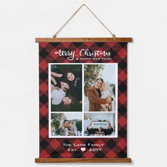 Rustic Christmas Red Black Buffalo Plaid Wood Hanging Tapestry (Front)