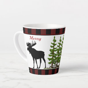 Rustic Christmas Red Black Check Pattern Moose Latte Mug