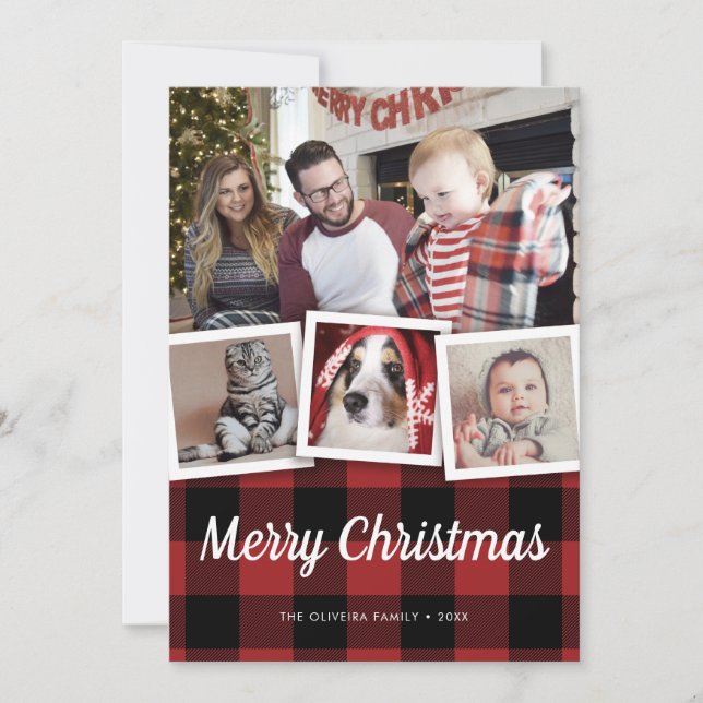 Rustic Christmas Red Buffalo Plaid Check 4 Photo Holiday Card (Front)
