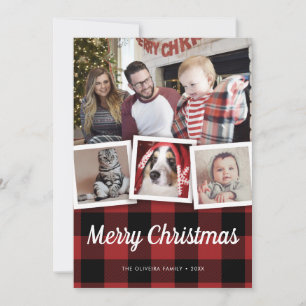 Rustic Christmas Red Buffalo Plaid Check 4 Photo Holiday Card