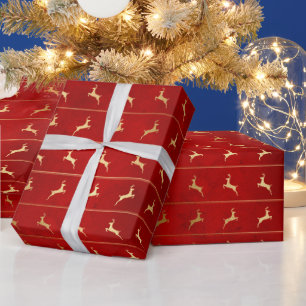 Rustic Christmas red gold reindeer stripes pattern Wrapping Paper