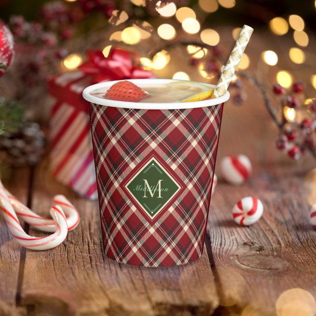 Rustic Christmas Red Green Plaid Simple Monogram  Paper Cups (Creator Uploaded)