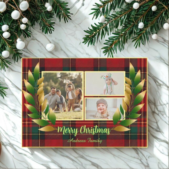 Rustic Christmas Red Green Rustic 3 Photo  Holiday Card (Creator Uploaded)