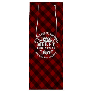 Rustic Christmas red plaid custom family Wine Gift Bag